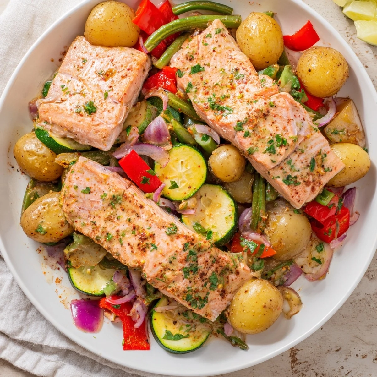 Savory one-pan Salmon & Potato Skillet featuring cooked salmon, potatoes, and colorful peppers.