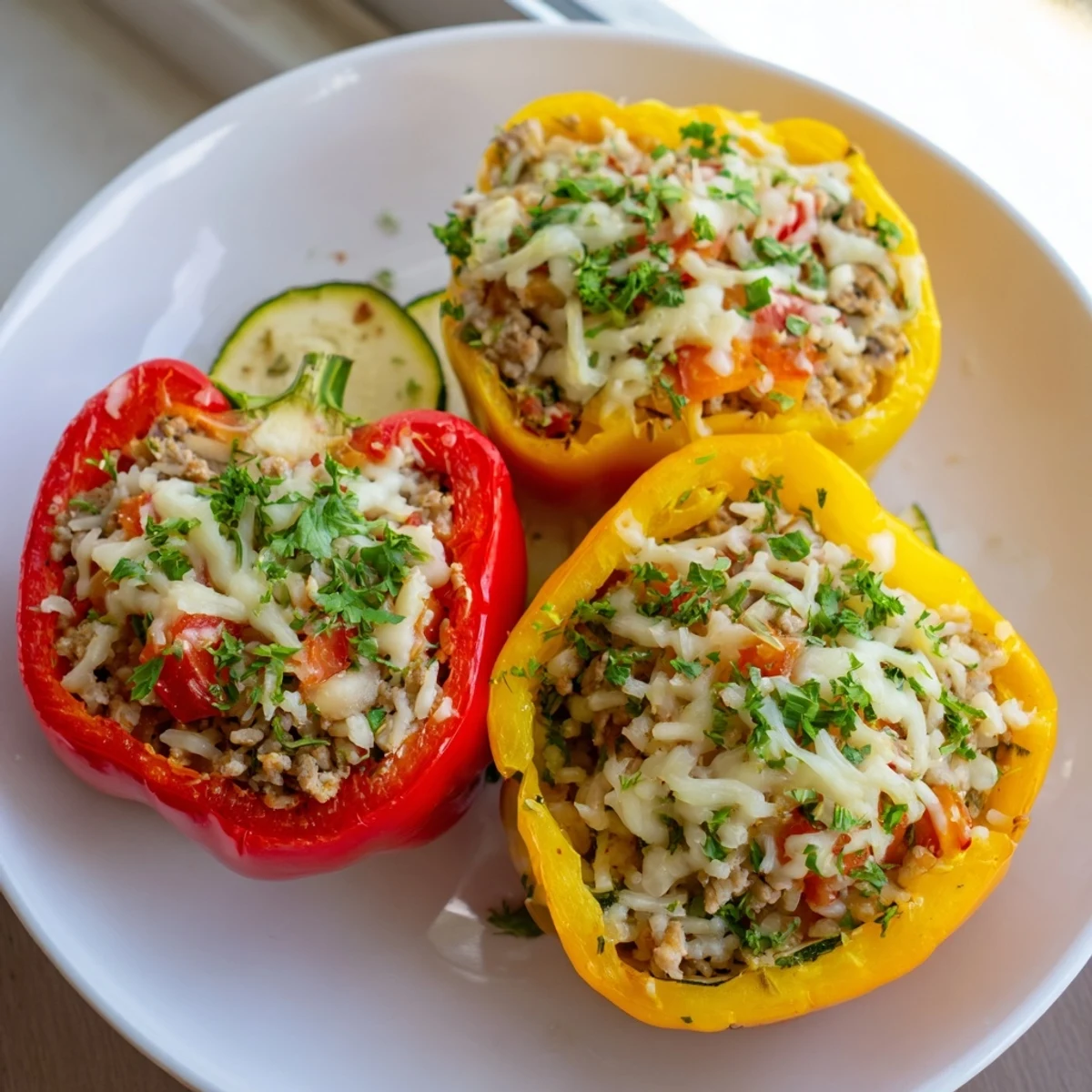 Golden-brown Stuffed Peppers, bursting with seasoned ground turkey and rice, sit in a baking dish. 
