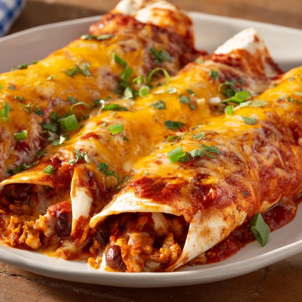 Steaming-hot Cheesy Bean Enchiladas bubbling with melted cheddar cheese and rich red sauce.