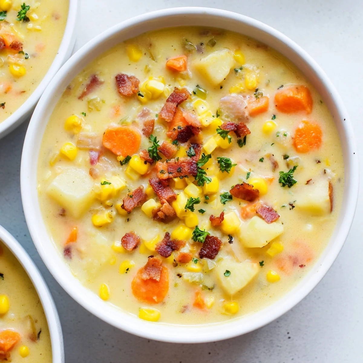Thick and creamy Corn & Potato Chowder brimming with tender potatoes and sweet corn, ready to serve.