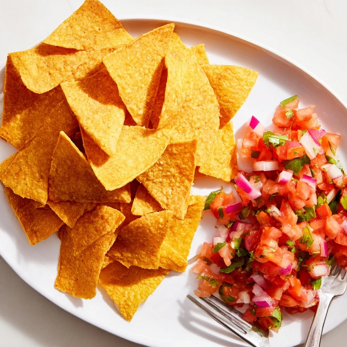 Close-up of air-fryer tortilla chips, perfect for scooping up fresh salsa, a delicious snack.
