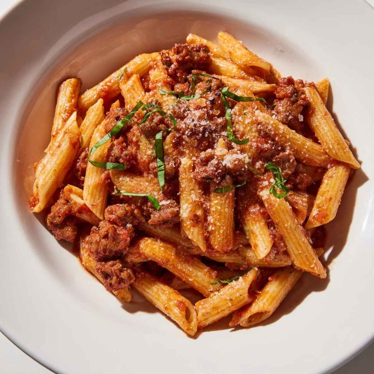 Creamy Tomato and Sausage Pasta, a luscious dish with sausage, tomatoes, and penne, ready to eat.
