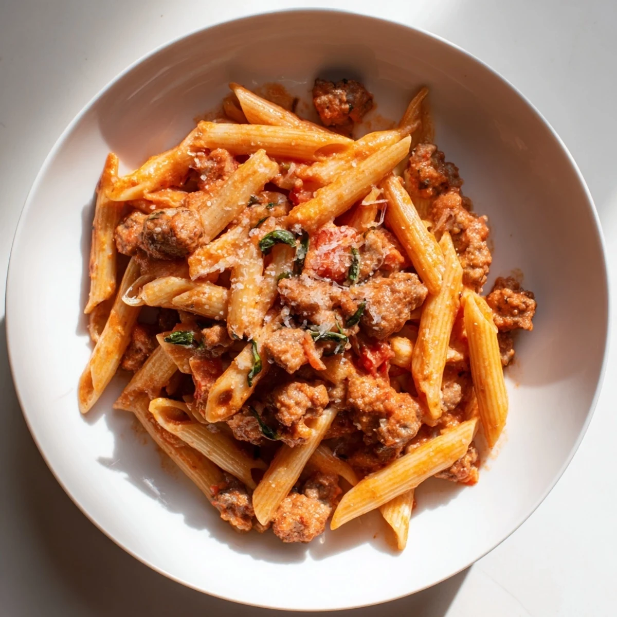 Golden penne pasta coated in creamy tomato and sausage sauce, garnished with fresh basil for dinner.
