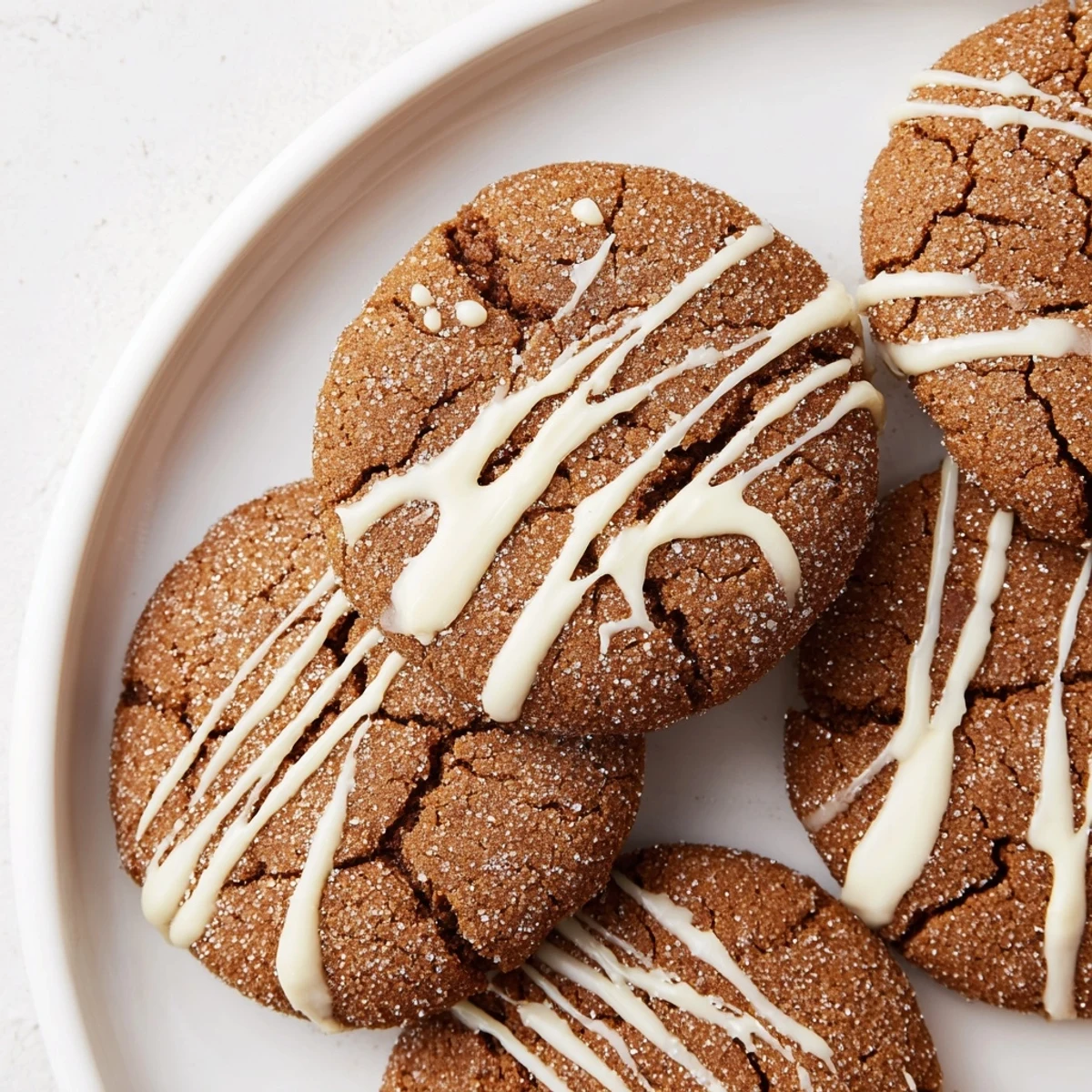 Warm, spiced Gingerbread Latte Cookies with a glistening white chocolate drizzle, ready to enjoy.