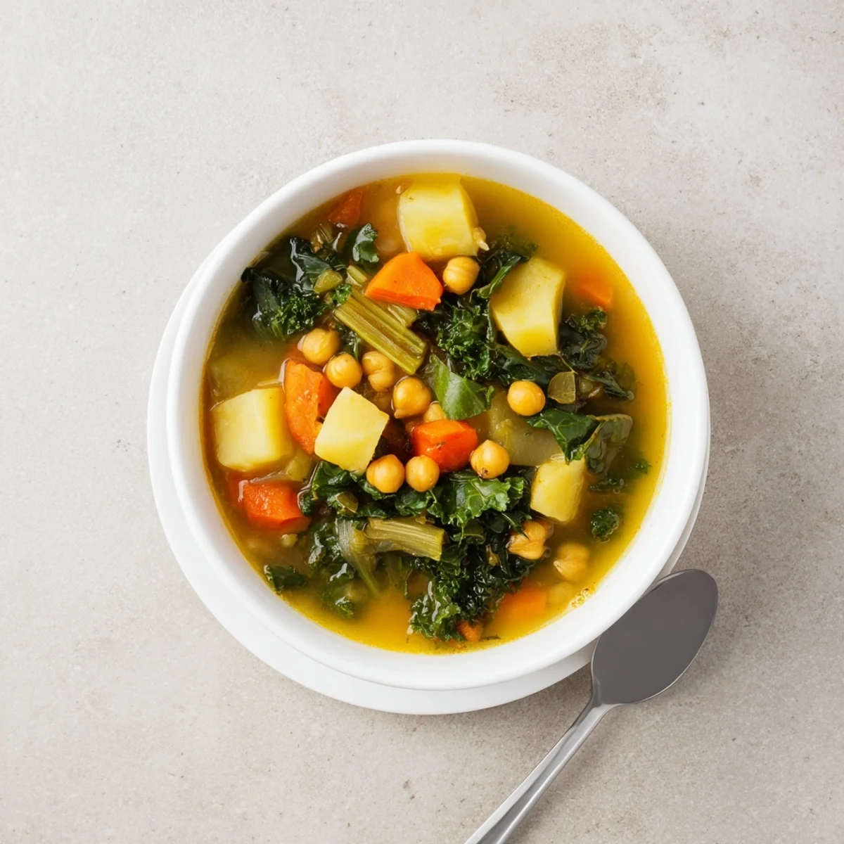 Chicken Kale Soup with crispy chickpeas, a comforting bowl filled with tender chicken and vibrant greens.
