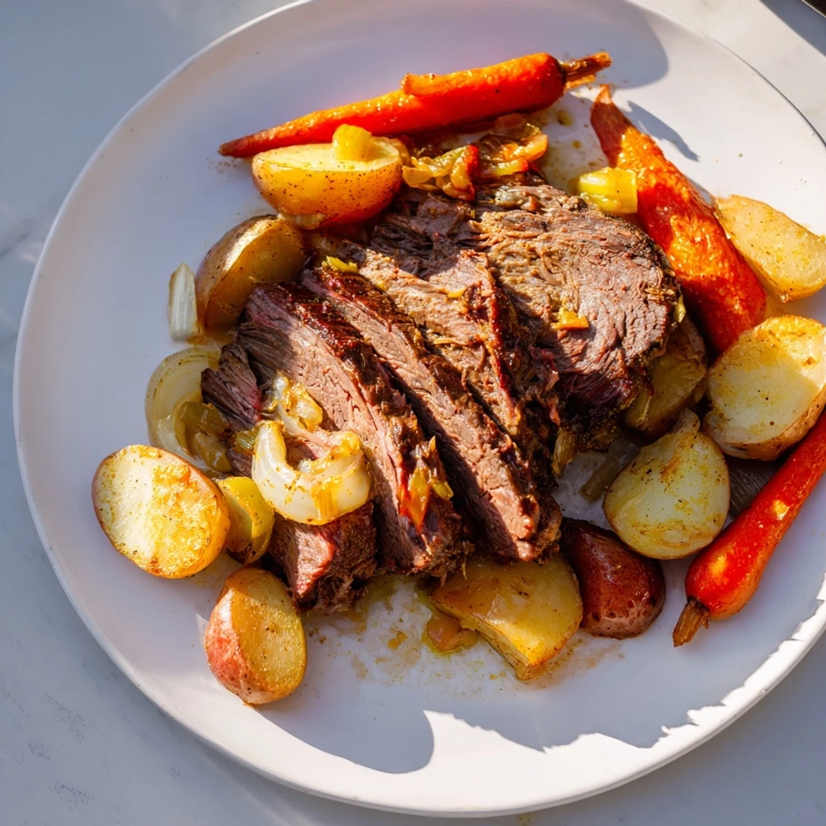 The richly flavored Pickle Brine Pot Roast simmering in its juices, promising a savory meal ahead.