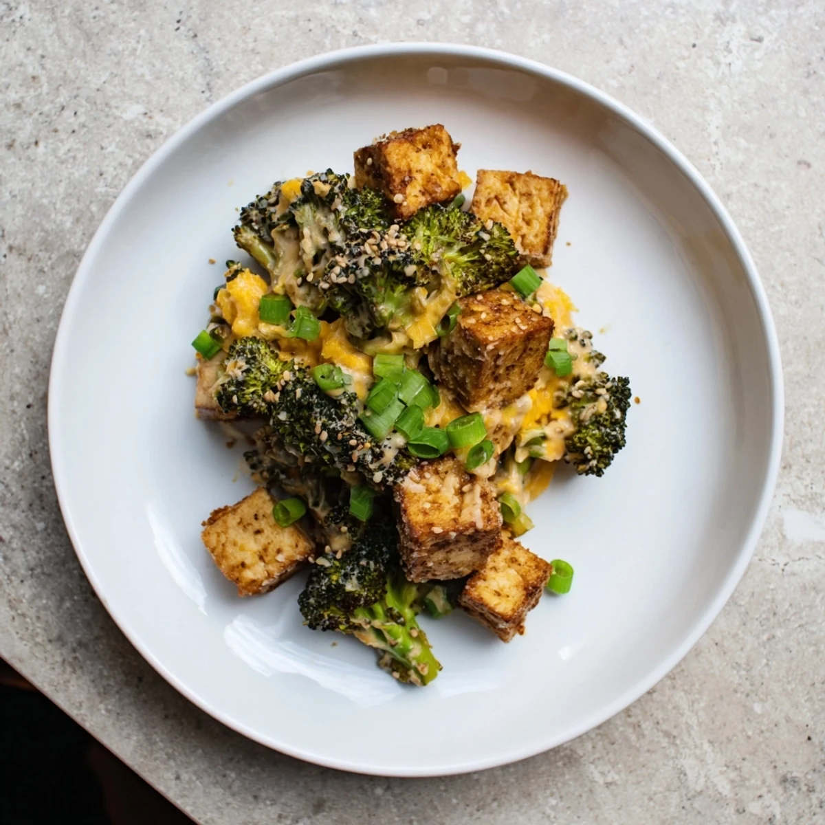 Creamy, cheesy sauce coats the crispy Cheesy Baked Tofu and Broccoli, a comforting plant-based meal.