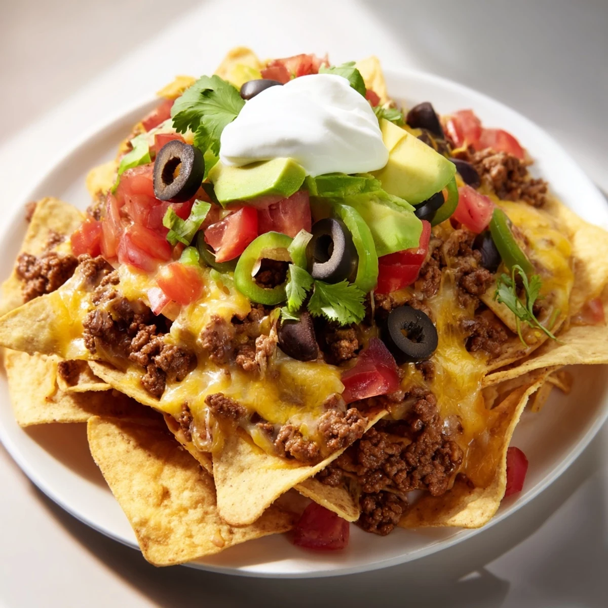 Crispy tortilla chips smothered in spiced ground beef and cheese make up these delicious sheet pan nachos.