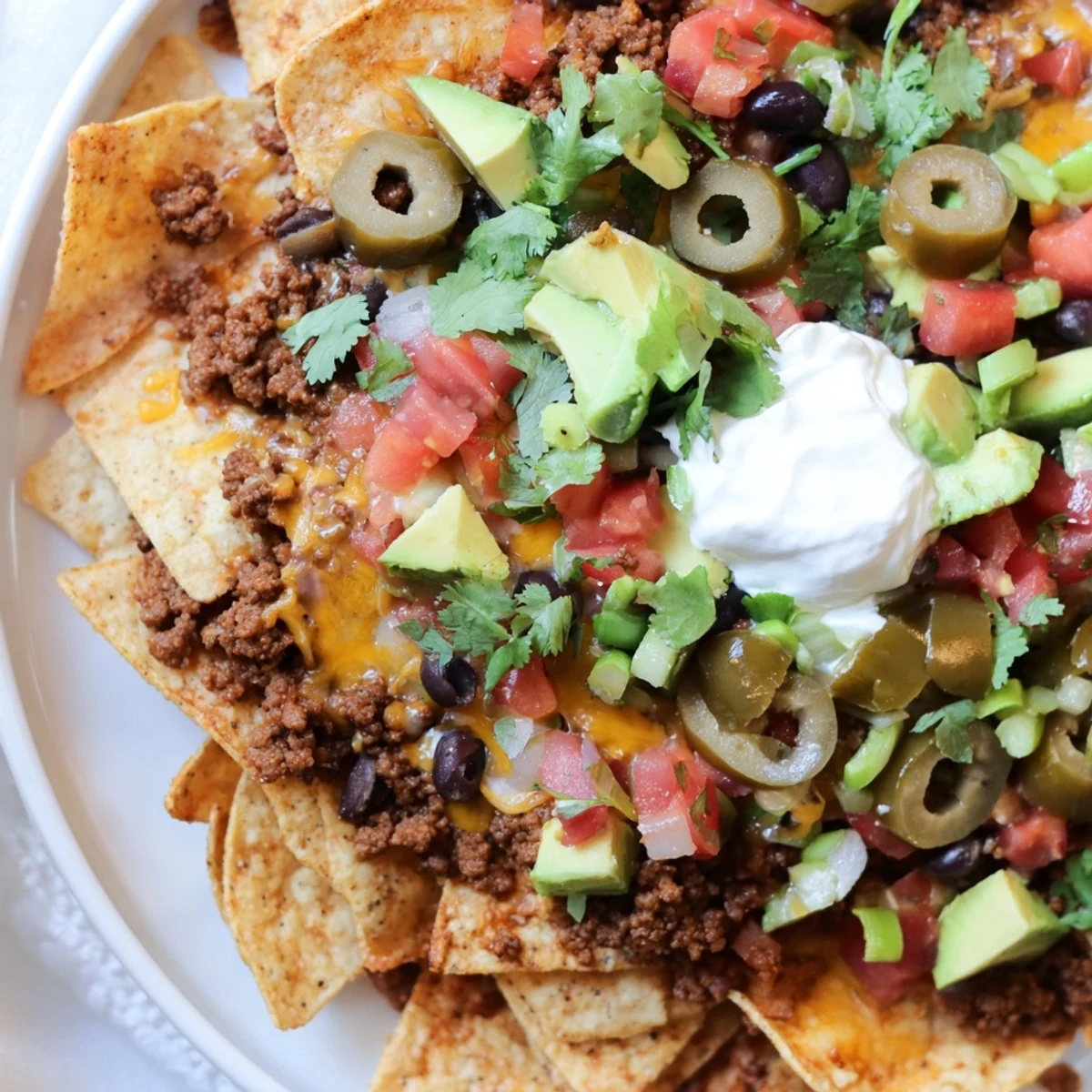 Golden-baked sheet pan nachos feature savory ground beef, vibrant toppings, and melted cheese, perfect for a cozy gathering.