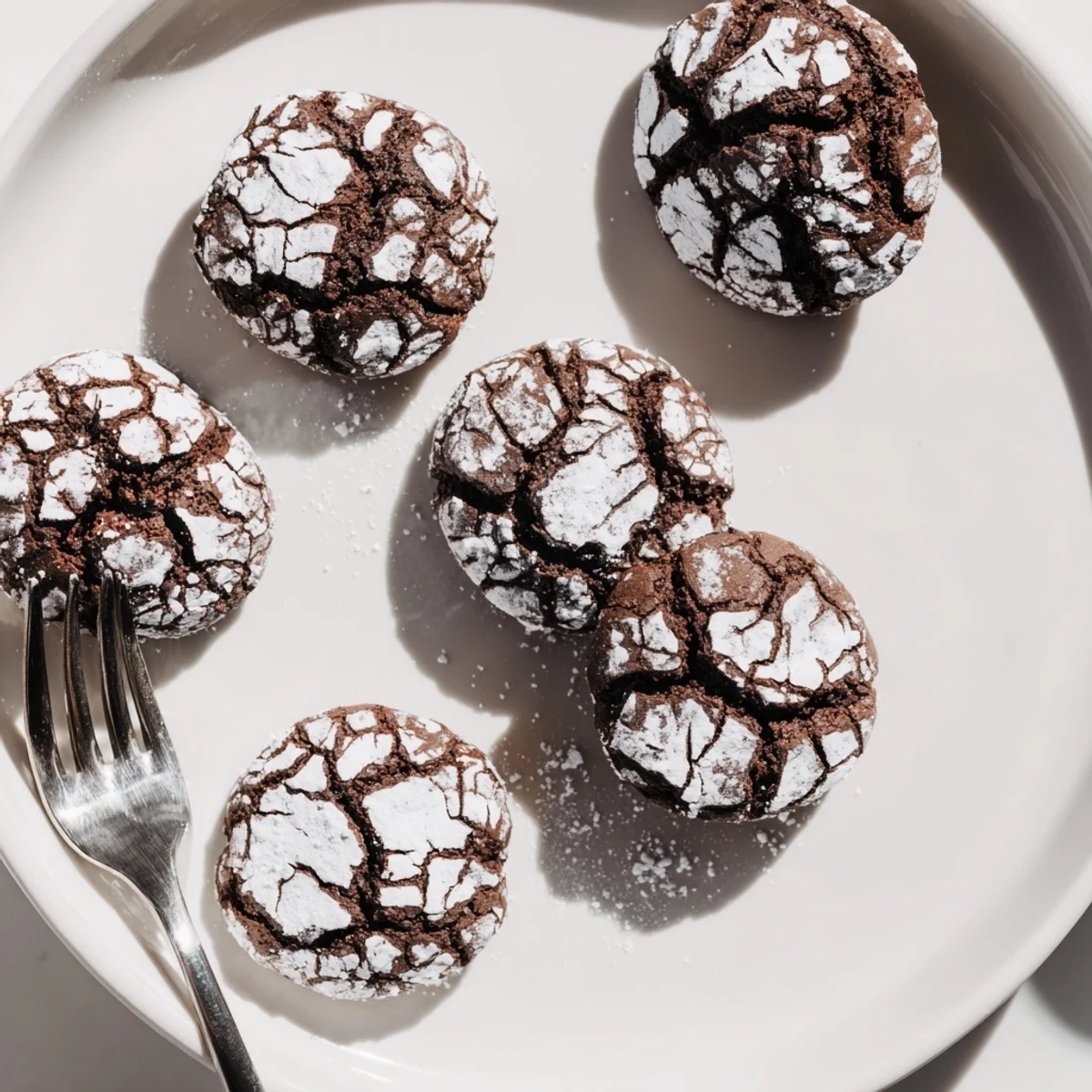 Fudgy, crackled Chocolate Crinkle Cookies dusted with powdered sugar, perfect with coffee.