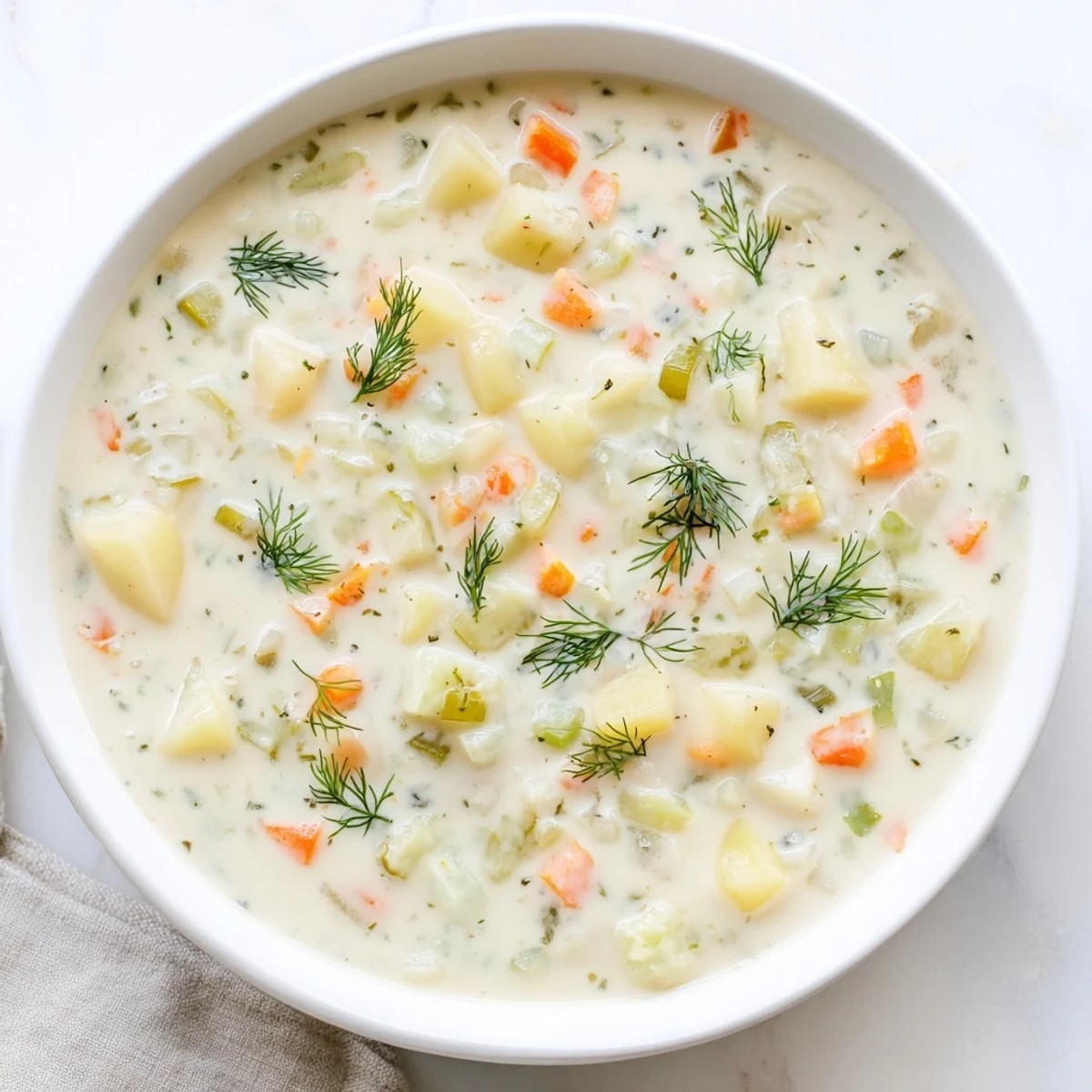 A steaming bowl of Creamy Dill Pickle Soup, rich and velvety, garnished with fresh herbs.