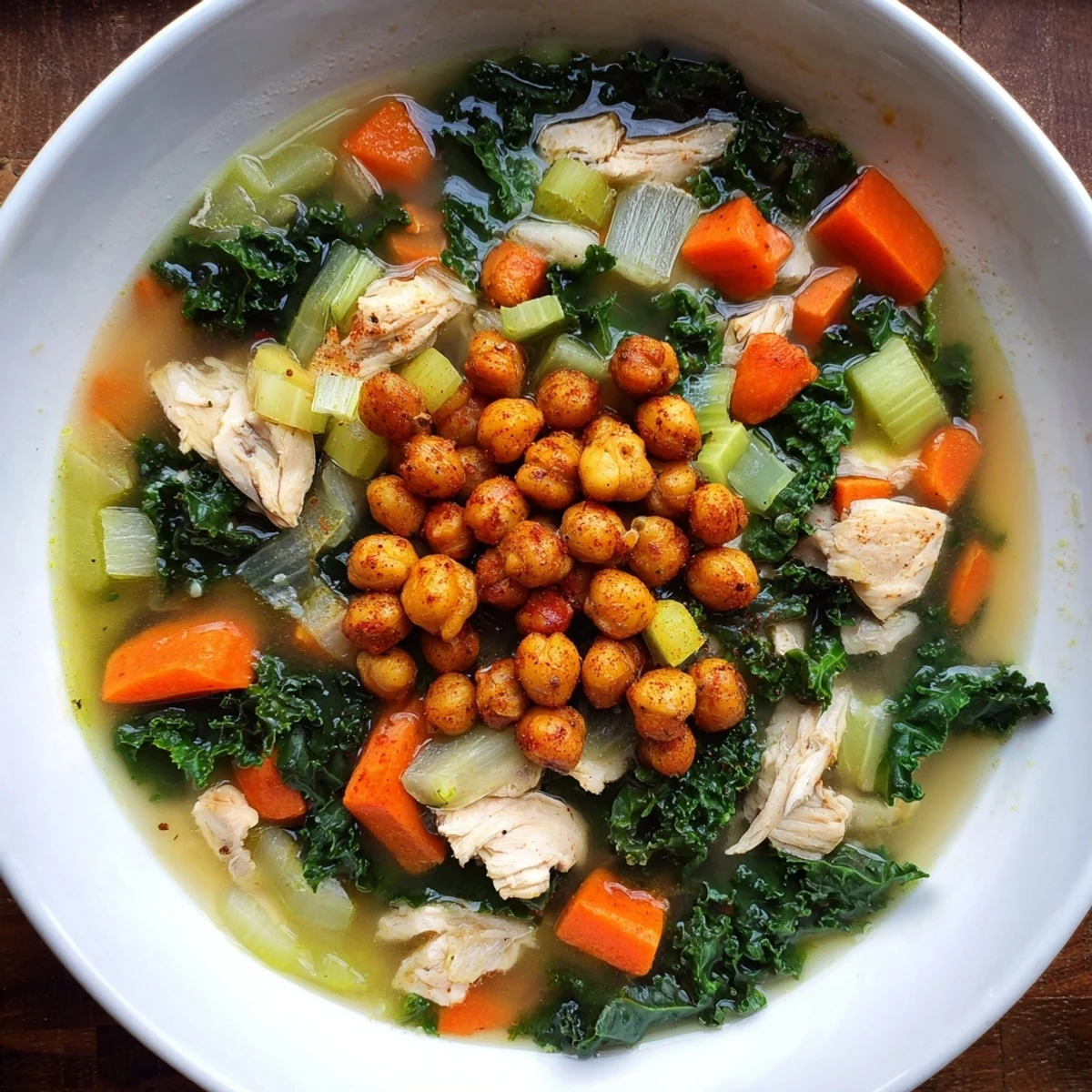 Steaming bowl of Chicken Kale Soup topped with golden, crispy chickpeas offering texture.