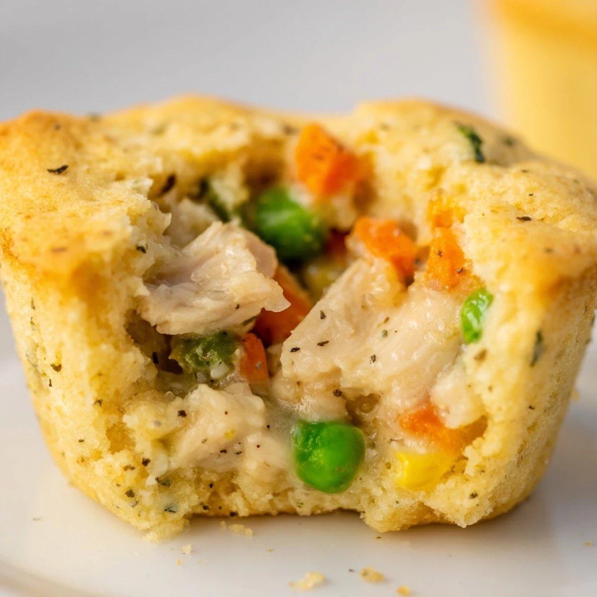 Golden-brown Chicken Pot Pie Cornbread Muffins, warm and savory, baked to perfection for a quick appetizer.