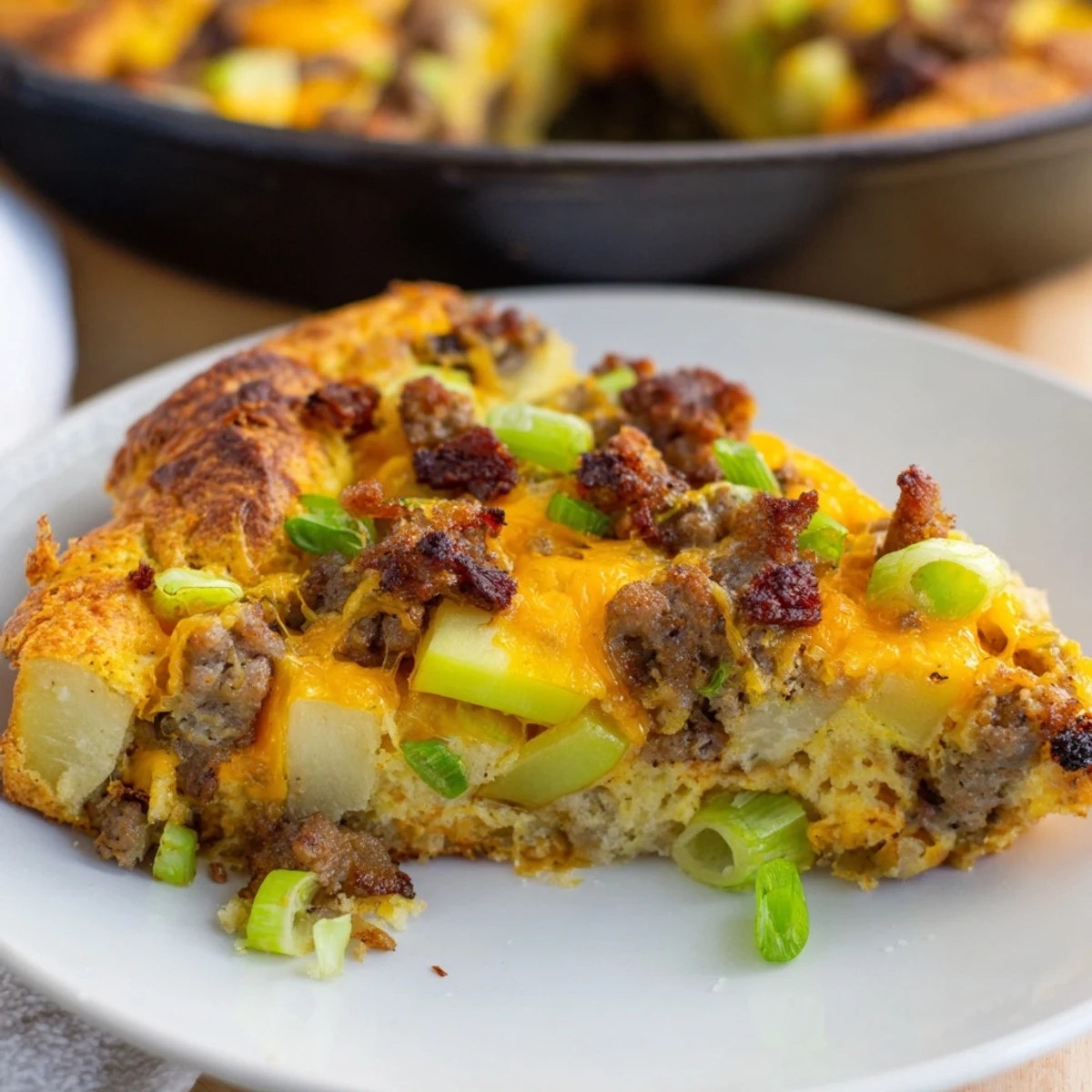 Freshly baked, savory apple, sausage, and cheddar scone skillet, ideal for a satisfying family supper.