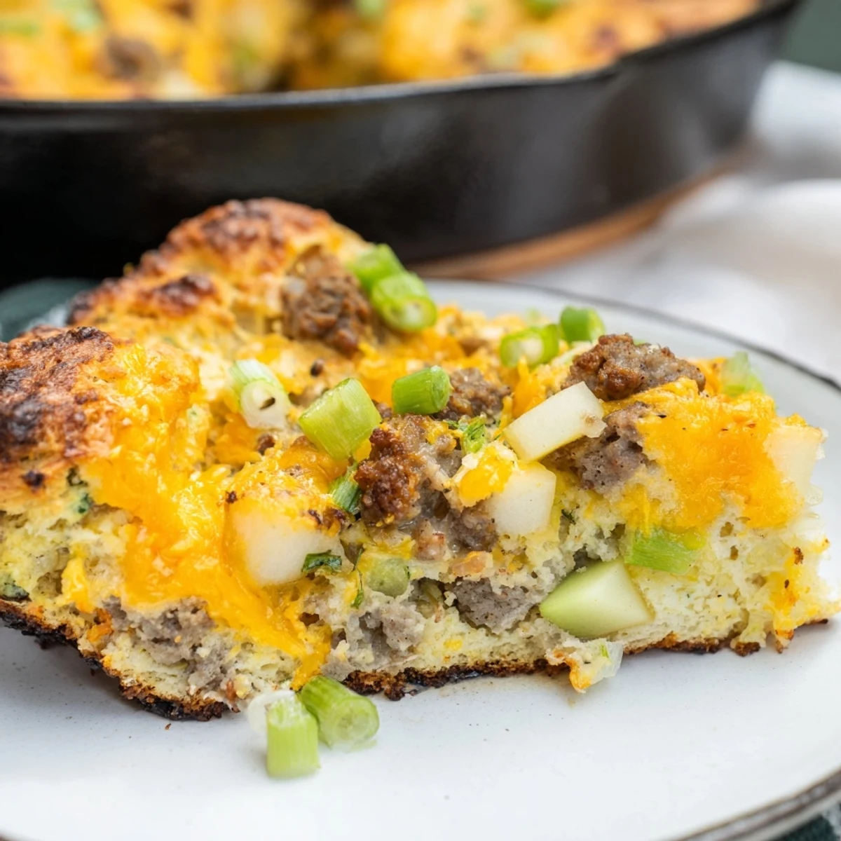 A close-up of the delicious Savory Apple, Sausage, and Cheddar Scone Skillet, brimming with flavor and texture.
