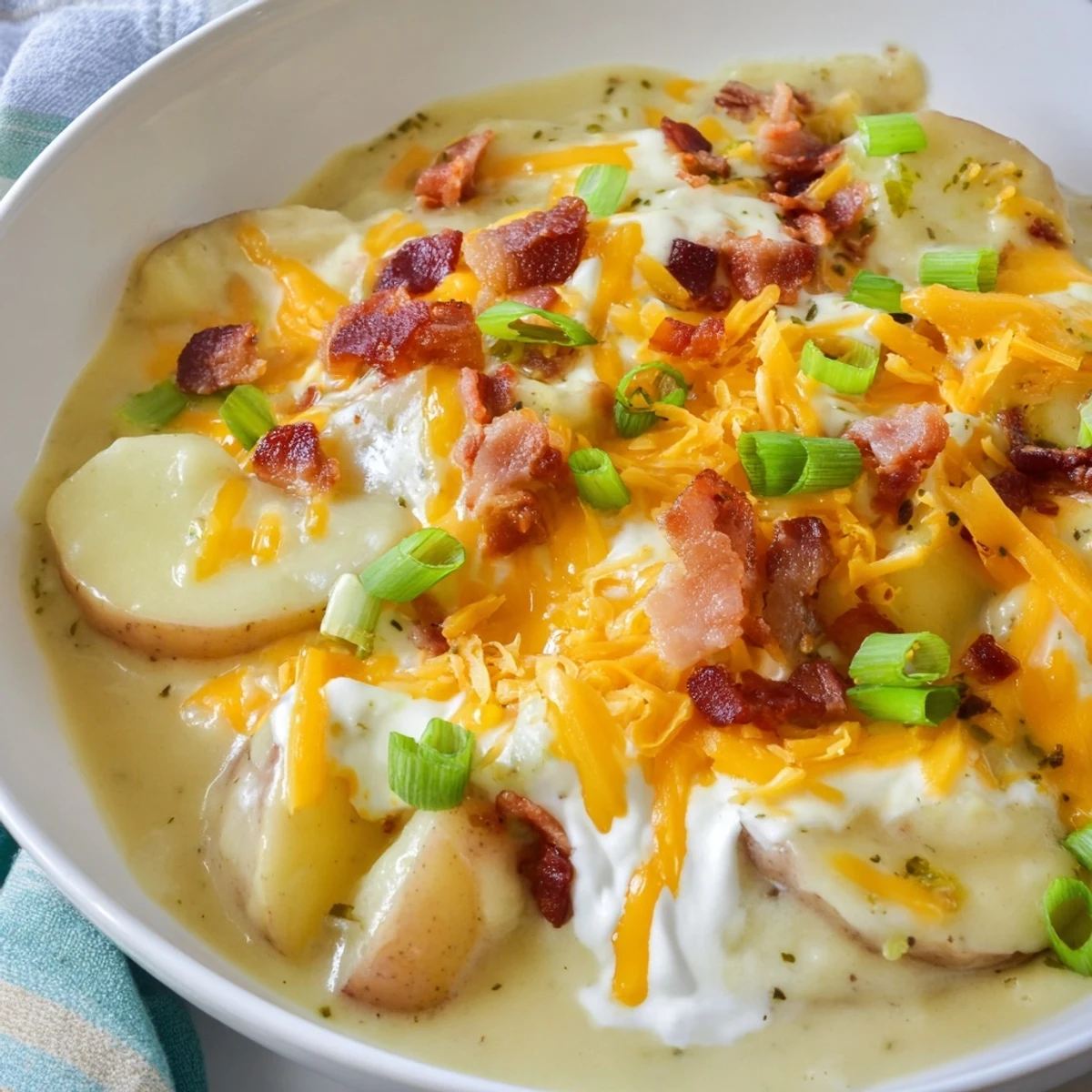 Creamy Crockpot Loaded Baked Potato Soup, generously garnished with bacon and green onions, looks incredibly inviting.