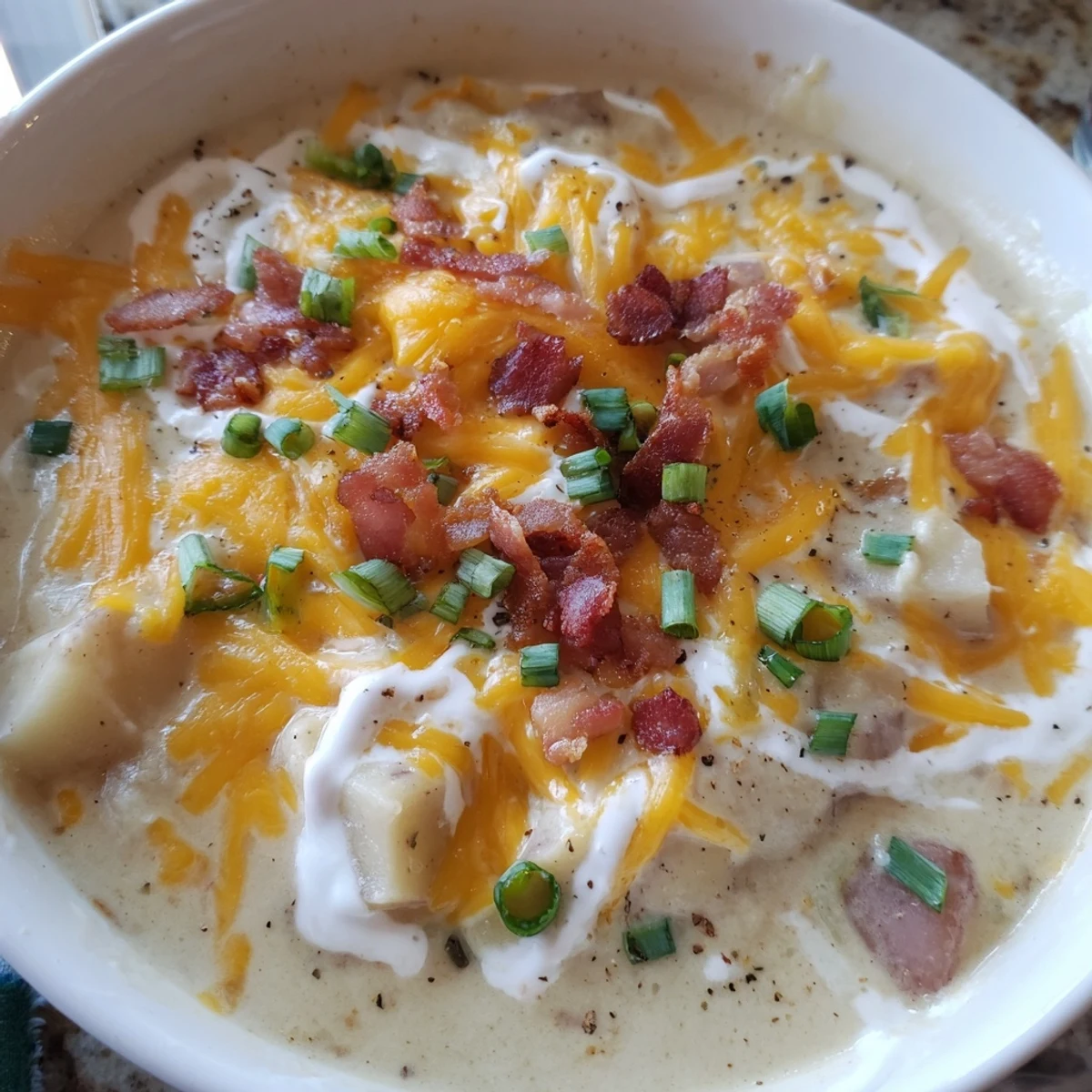 Close-up of a thick Crockpot Loaded Baked Potato Soup, showcasing the cheesy texture, ideal for a chilly evening.