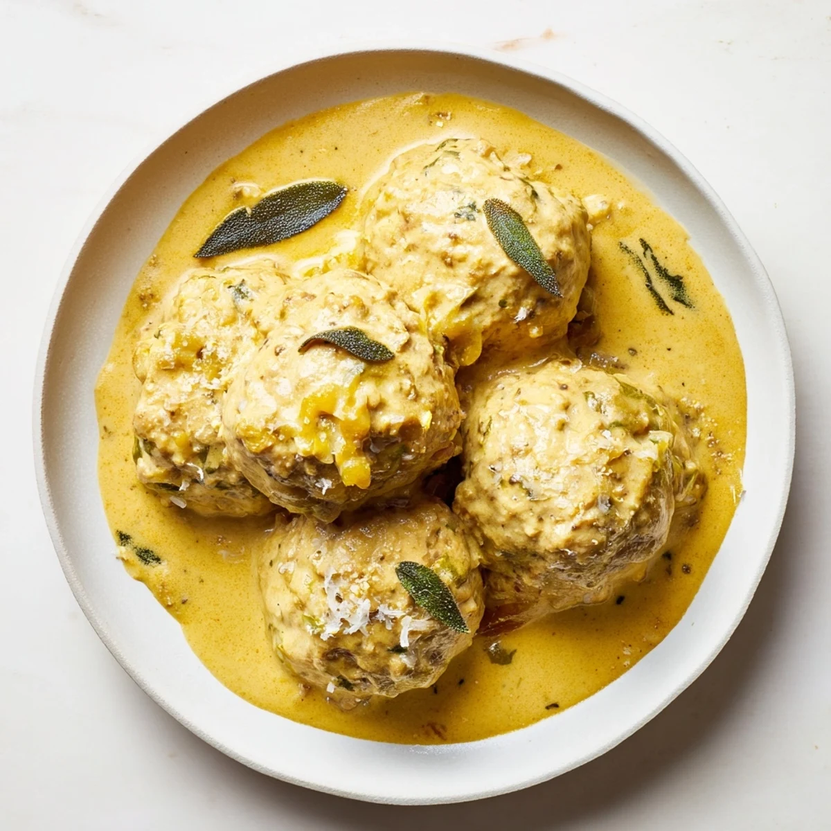 A cozy scene: Turkey Meatballs with Pumpkin Sage Sauce served over creamy mashed potatoes.