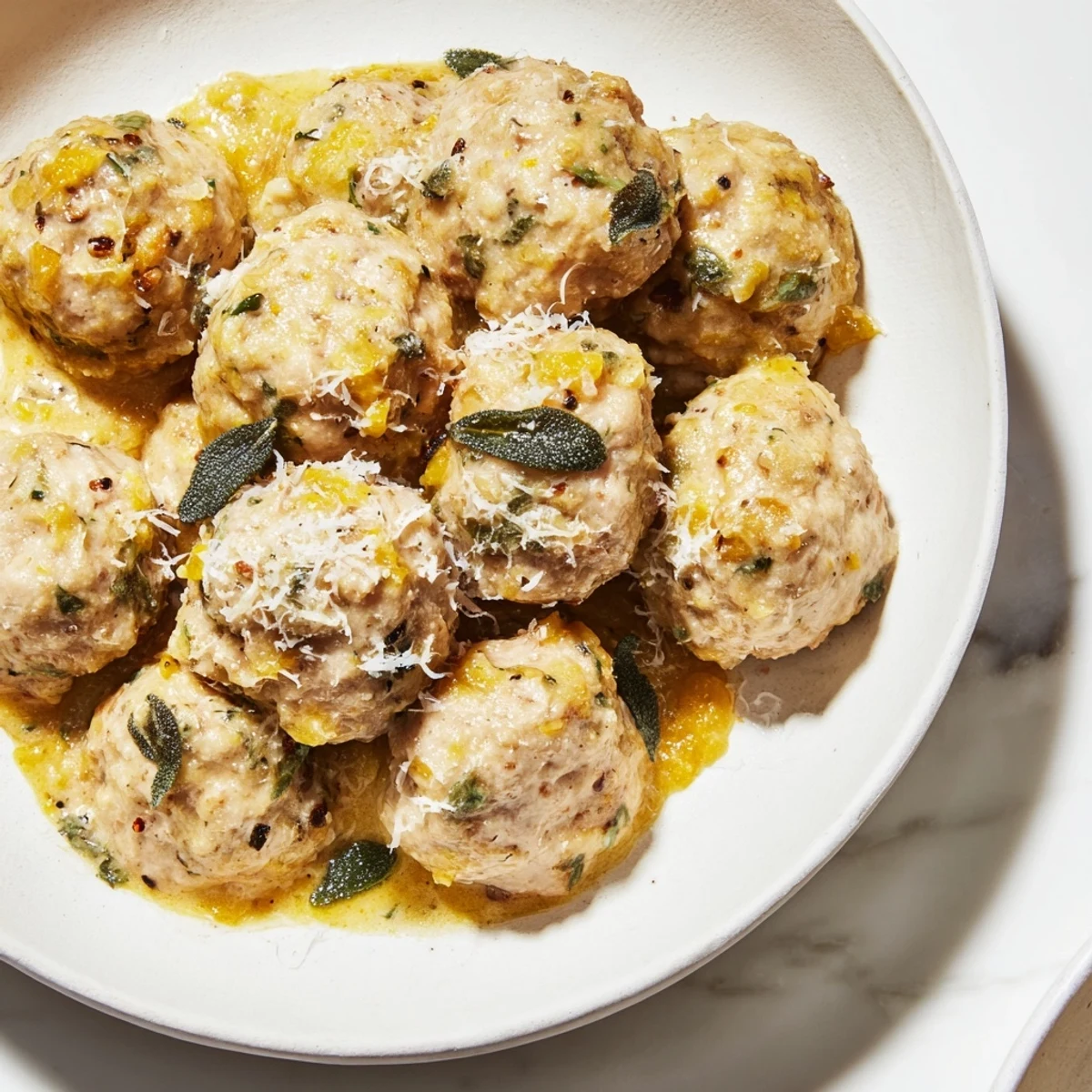 Tender turkey meatballs swim in rich pumpkin sage sauce, perfect for a warming autumn meal.