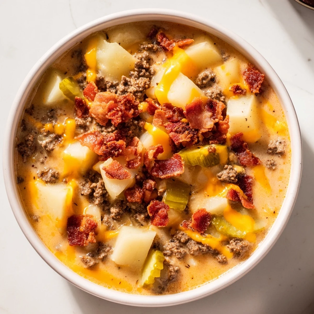 Rich Crockpot Cheeseburger Soup—savory ground beef, potatoes, and cheese simmered to perfection in a slow cooker.