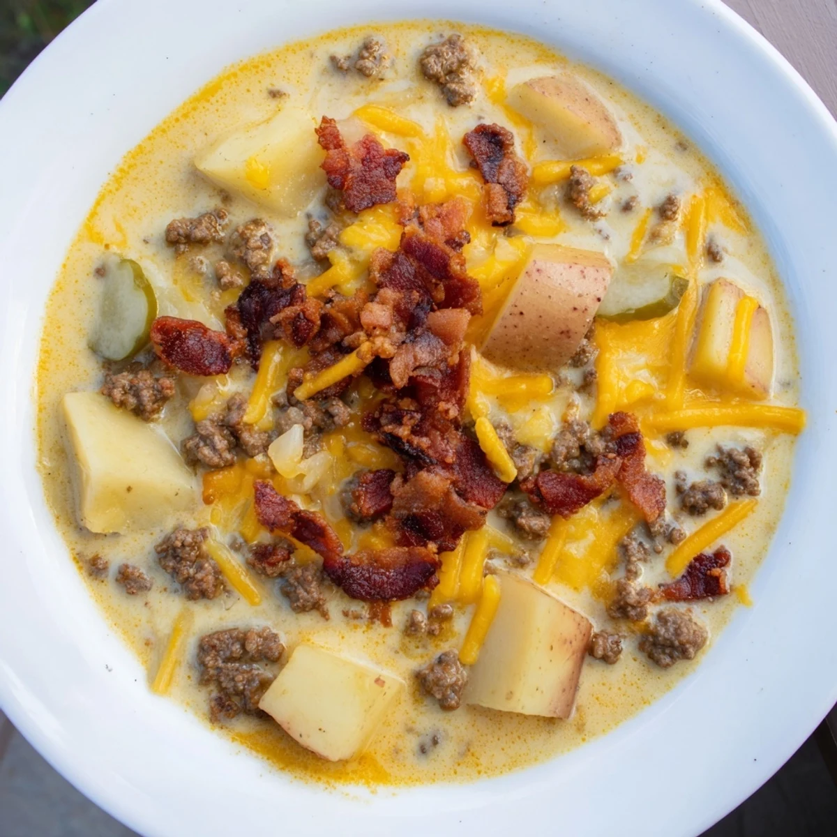Imagine warm Crockpot Cheeseburger Soup: a hearty, comforting bowl topped with bacon and fresh pickle garnish.