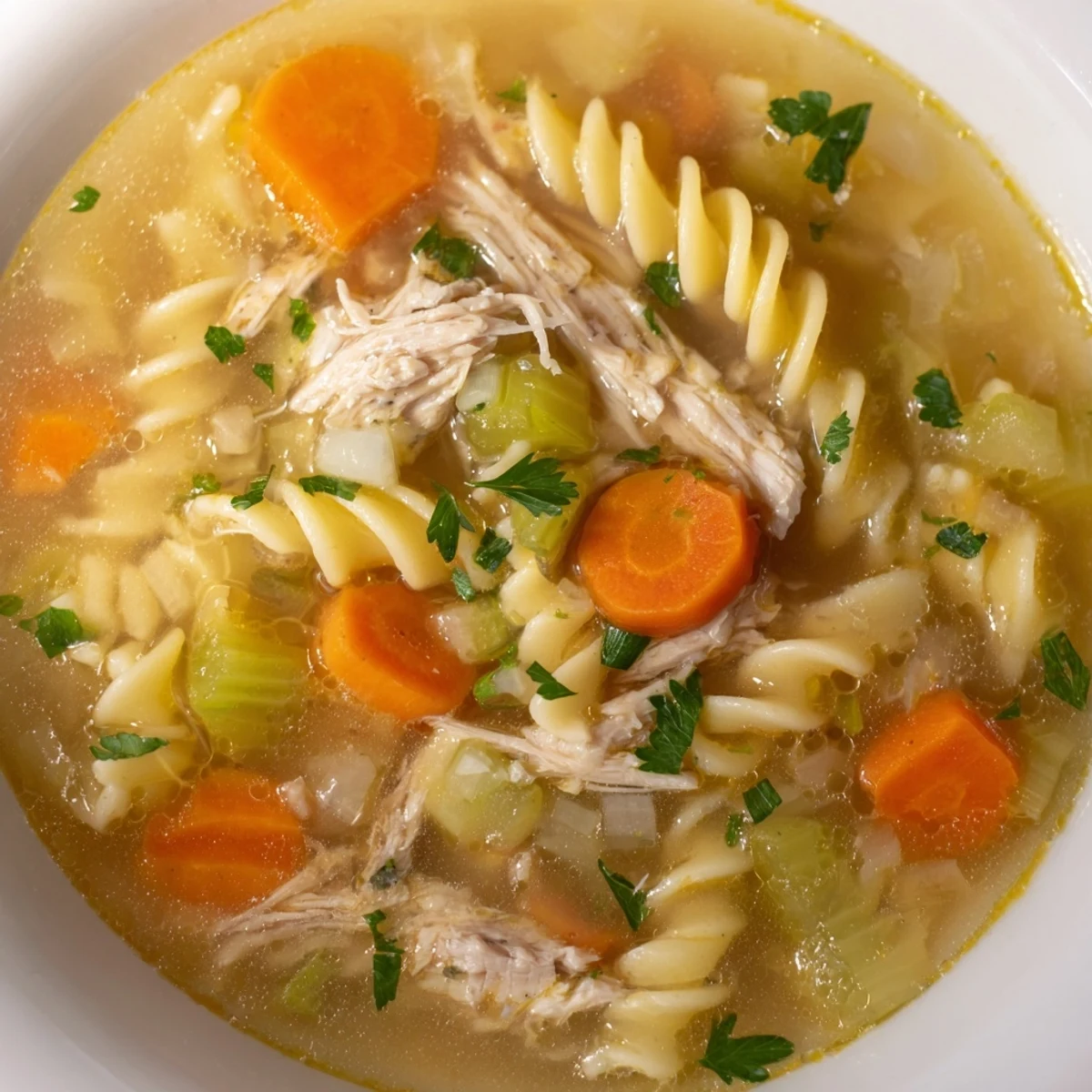 Crockpot Chicken Noodle Soup: steaming bowl of comforting soup filled with tender chicken and noodles.