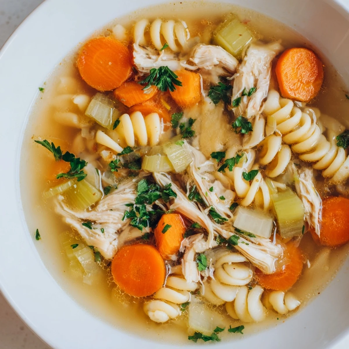 Hearty Crockpot Chicken Noodle Soup, a family favorite, garnished with fresh parsley and ready to serve.