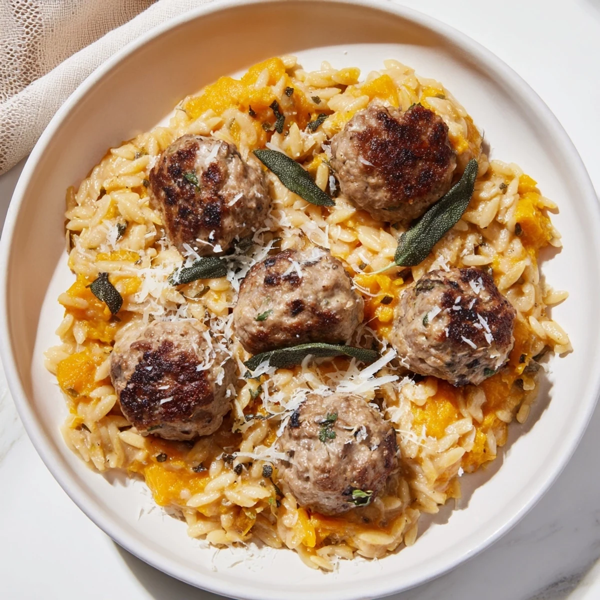 Close-up of golden brown sage turkey meatballs nestled with creamy pumpkin orzo.