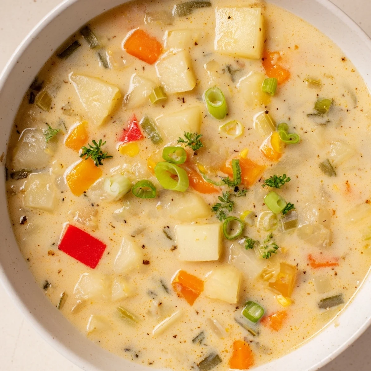 Creamy, spiced Slow Cooker Cajun Potato Soup with visible chunks of potato and vibrant vegetables.