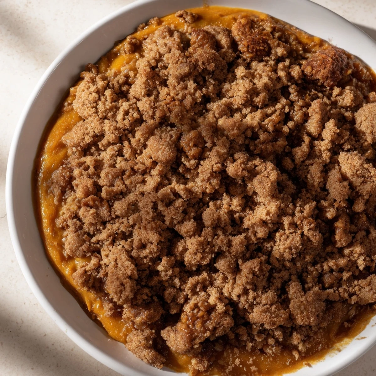 Golden brown pumpkin crisp, warm from the oven, ready to serve with a scoop of vanilla ice cream.