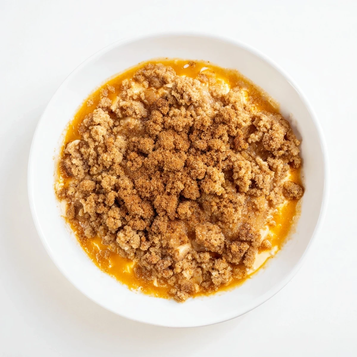 Close-up of a bubbling pumpkin crisp, its buttery crumble topping glistening, perfect fall dessert.