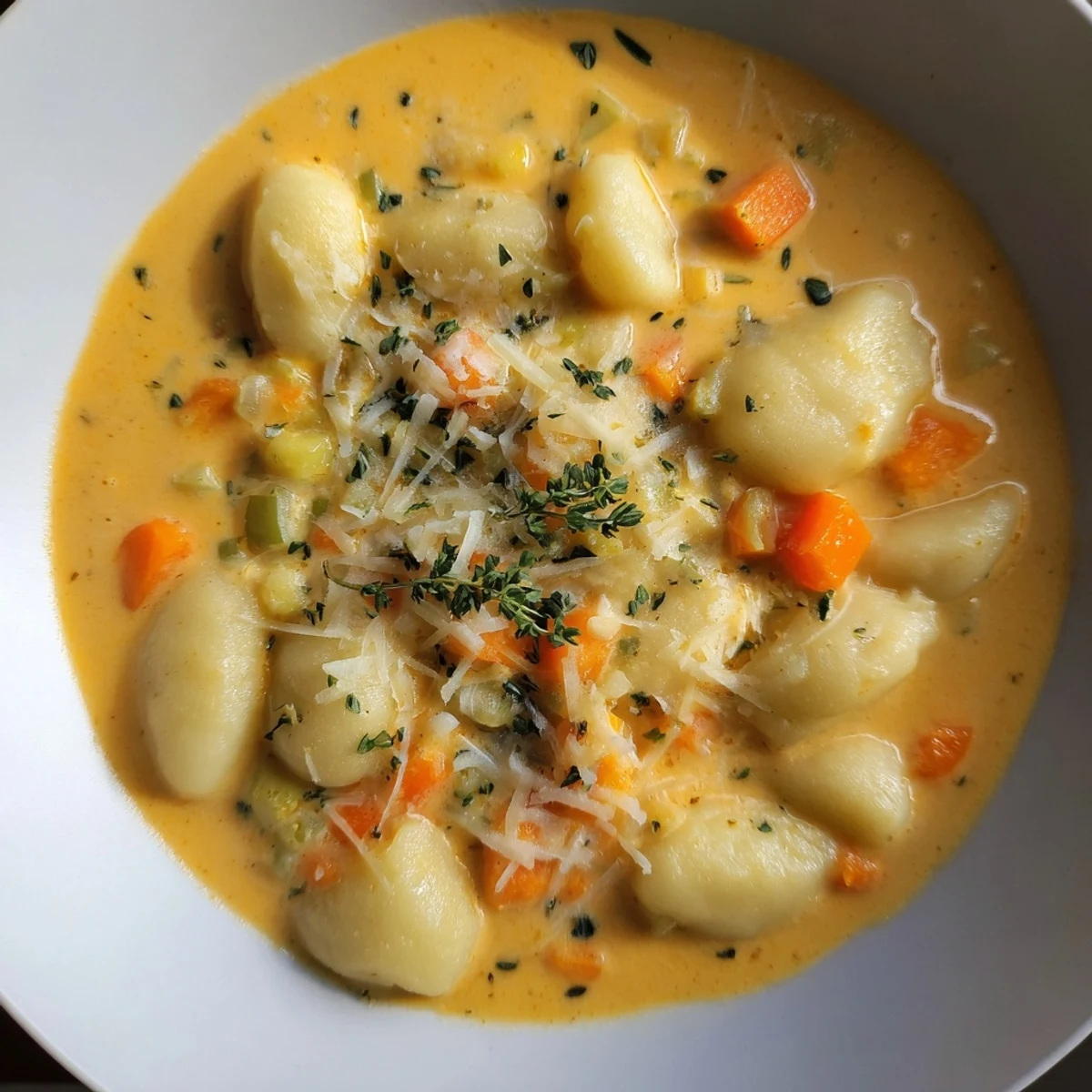 A warm bowl of Savory Butternut Squash Gnocchi Soup, with visible tender squash and fluffy gnocchi.