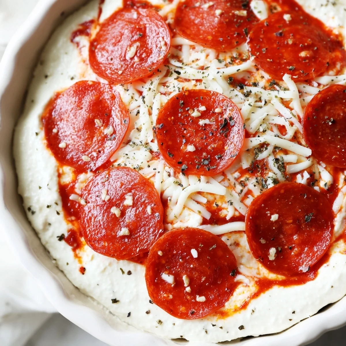 Pizza Dip bubbling with melted mozzarella and pepperoni, ready for scooping with crusty bread.