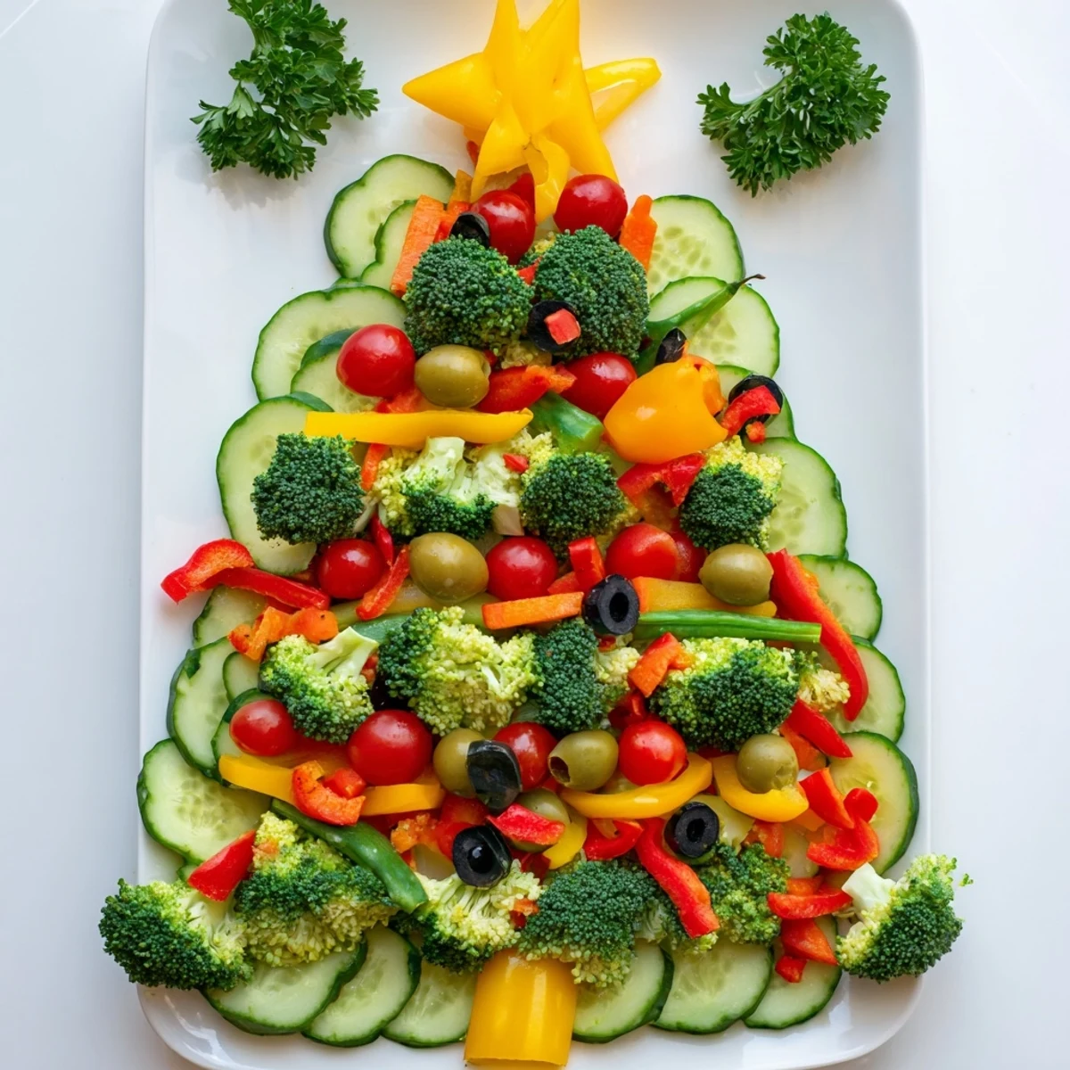 Festive Healthy Christmas Veggie Platter Tree, a vibrant appetizer overflowing with colorful, crisp vegetables.