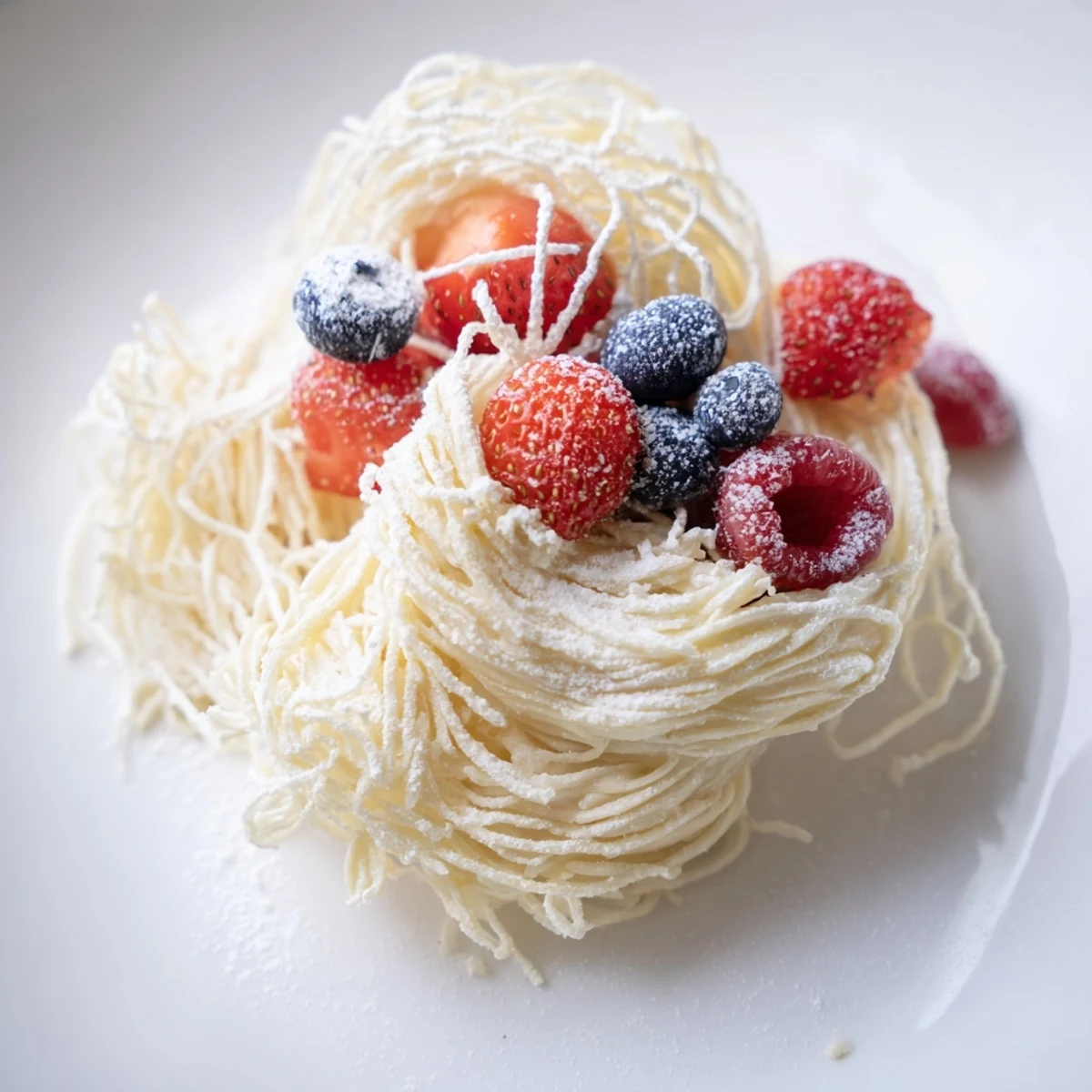 Quick Festive Pancake Spaghetti, golden and piping hot, topped with vibrant berries and sugary dusting.