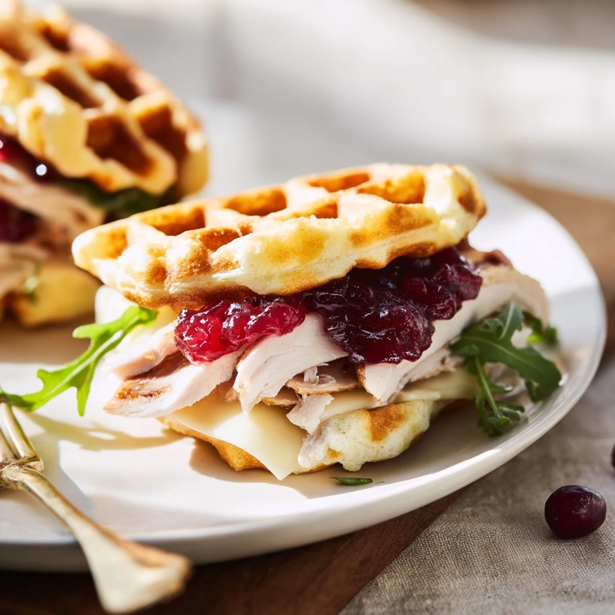 Golden Easy Holiday Waffle Sandwich: Crispy waffles overflowing with turkey, cranberry, and melted cheese, ready to enjoy.