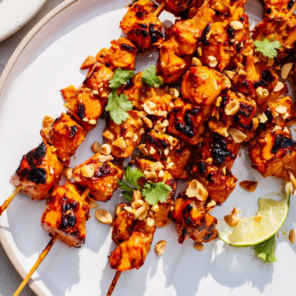 Juicy Spicy Peanut Satay Chicken Skewers, charred from the grill, ready to be served.