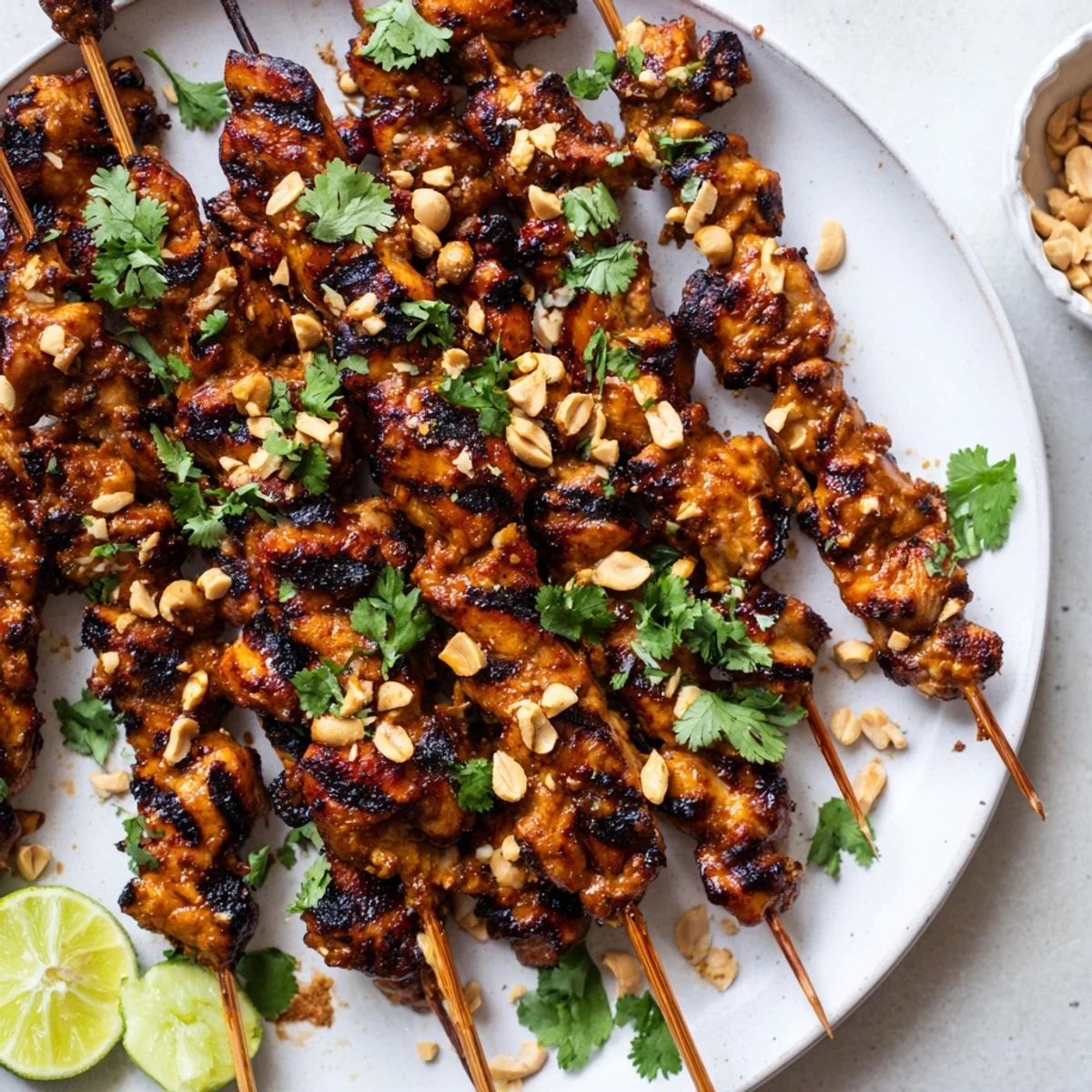 A close-up of beautifully grilled Spicy Peanut Satay Chicken Skewers garnished with fresh cilantro.