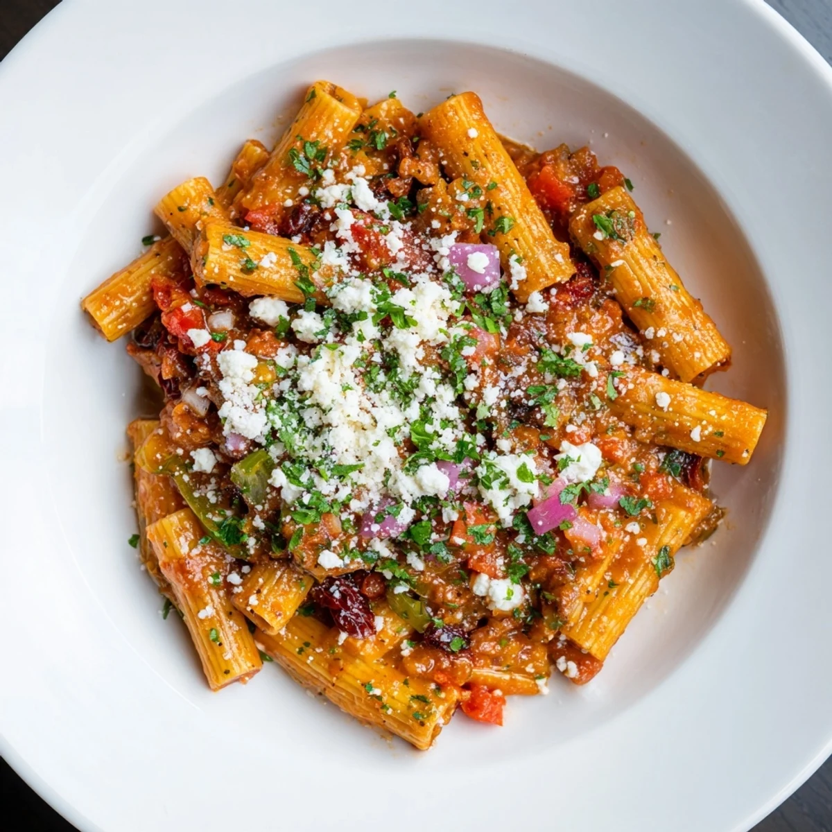 Golden-brown Mediterranean Baked Garlic & Herb Pasta, bubbling hot after baking in the oven, ready to serve.