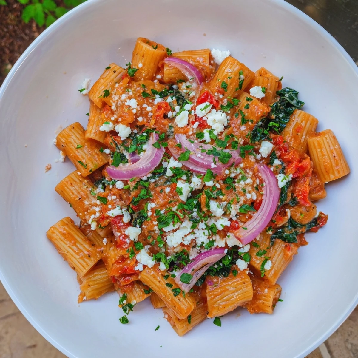A close-up shot of creamy feta-topped Mediterranean Baked Garlic & Herb Pasta, garnished with fresh herbs and ready.
