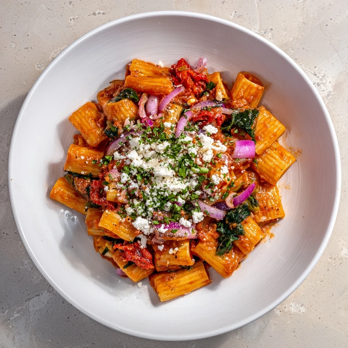 Oven-baked Mediterranean Baked Garlic & Herb Pasta brimming with sun-dried tomatoes and herbs, a comforting vegetarian meal.