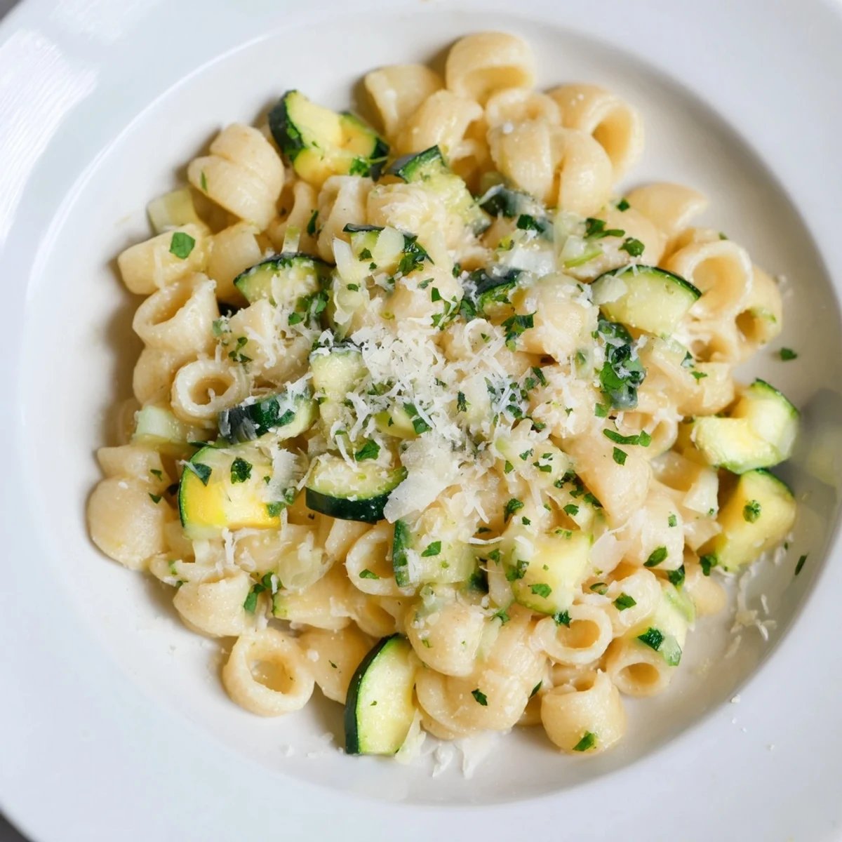Garnish a bowl of One-Pot Creamy Zucchini Ditalini, a vegetarian meal with fresh parsley and Parmesan.