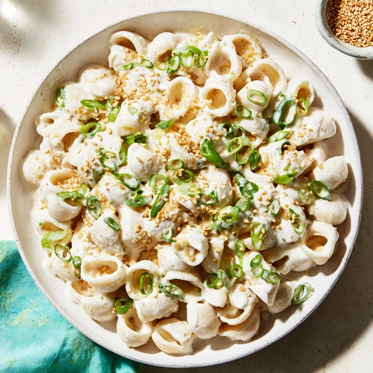 A close-up shot of the Japanese-inspired creamy miso ditalini, a comforting main dish with savory flavors.