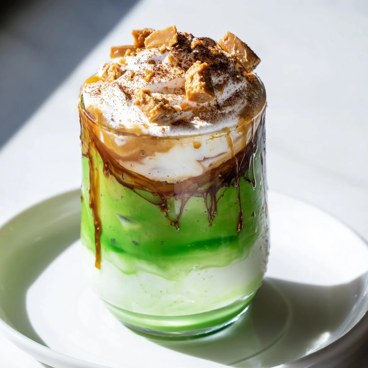 Caramel Brulée Iced Matcha Christmas Coffee Dupe, layered beverage with whipped cream and crushed caramel.