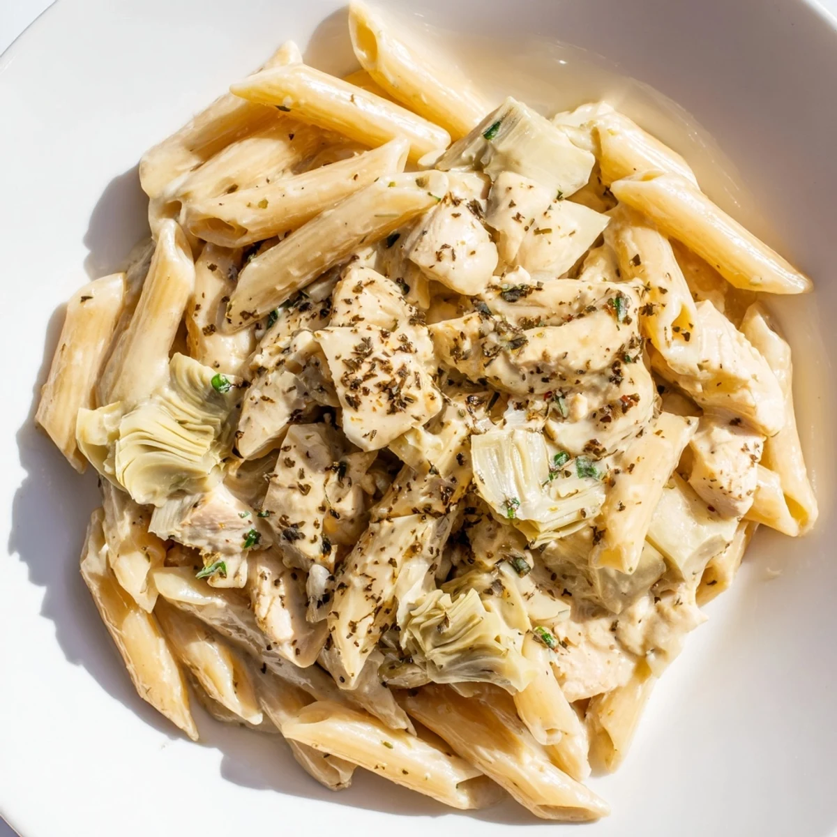 Creamy spinach artichoke protein pasta skillet, a bubbling dish served hot, with visible pasta and creamy sauce.