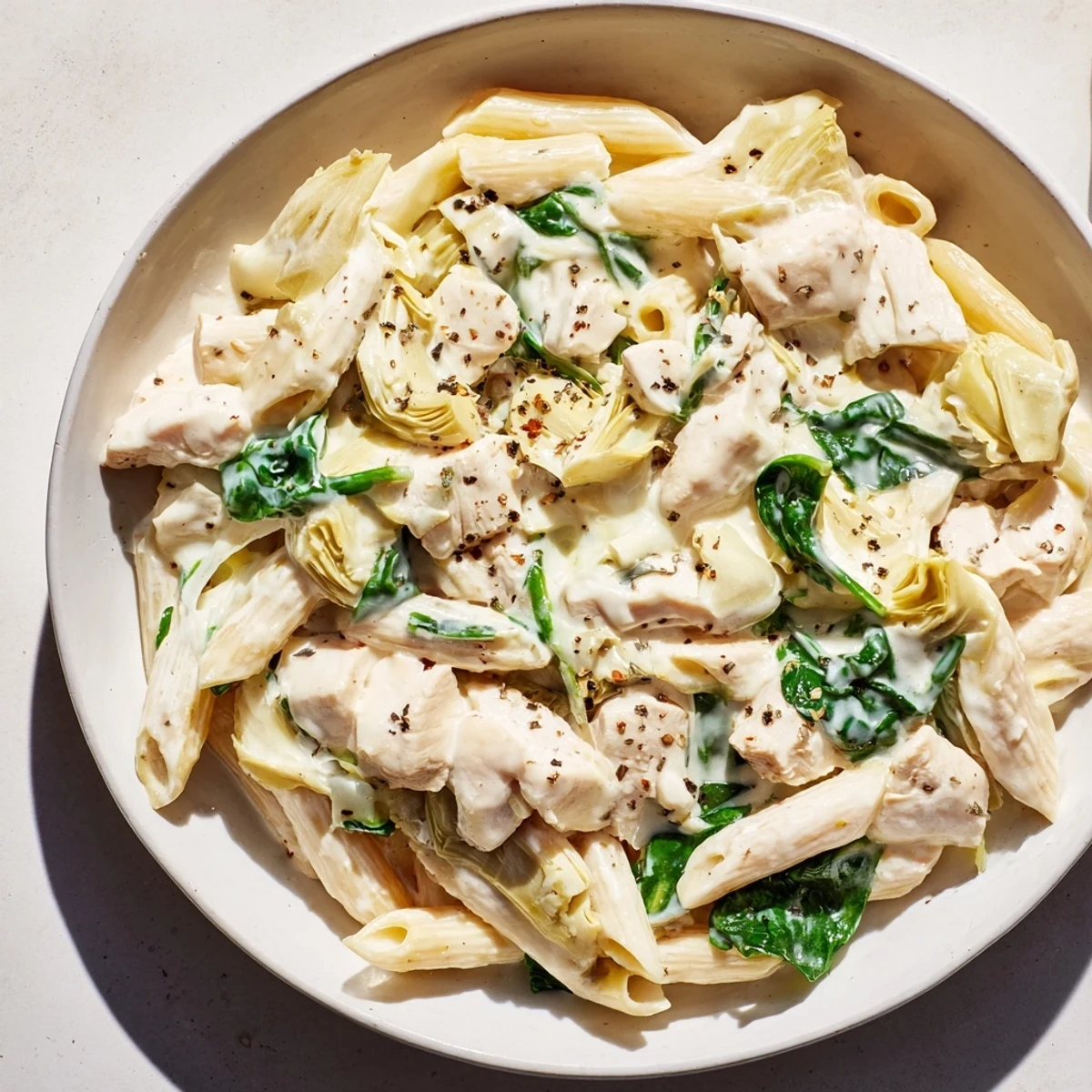 A close-up of a flavorful Creamy Spinach Artichoke Protein Pasta Skillet, a one-pan meal with visible herbs and cheese.