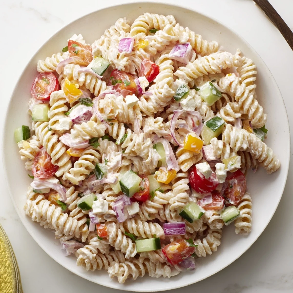 Greek Yogurt Million Dollar Christmas Pasta Salad, a festive vegetarian dish with colorful, fresh vegetables.