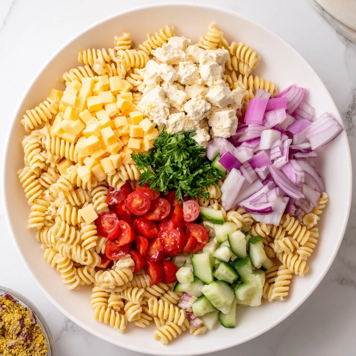 This creamy Greek Yogurt Million Dollar Christmas Pasta Salad features bright red tomatoes and crumbled cheese, perfect.