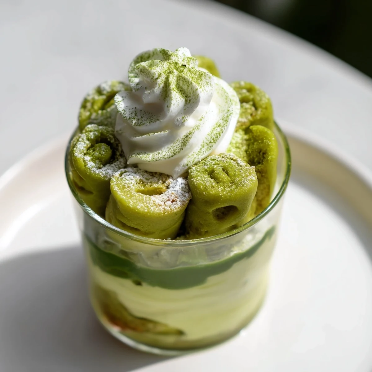 Perfectly-portioned Matcha Mascarpone Tiramisu Snow Cups, a creamy matcha dessert dusted with snowy powdered sugar.