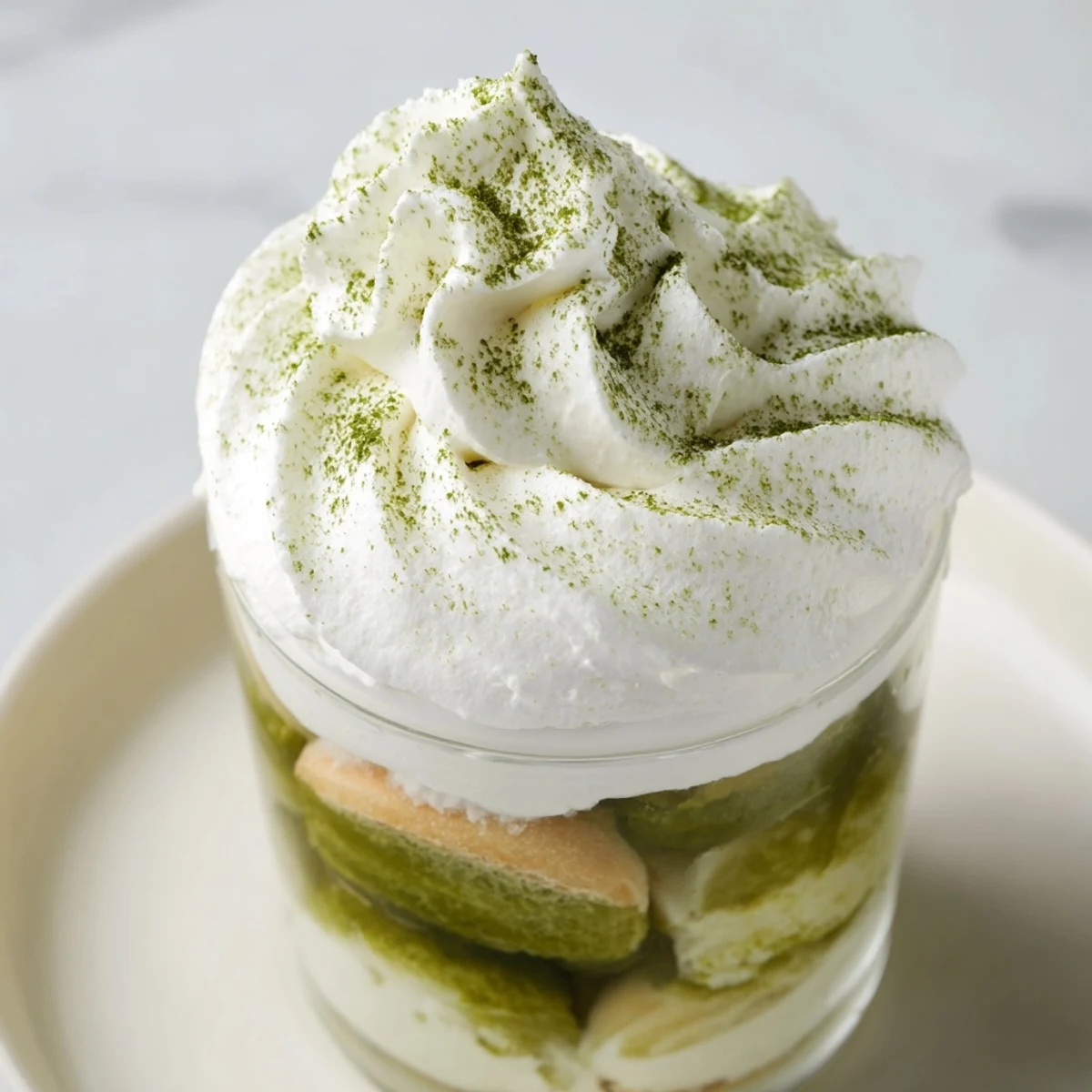 These Matcha Mascarpone Tiramisu Snow Cups feature delicious layers of matcha-soaked ladyfingers and creamy mascarpone.